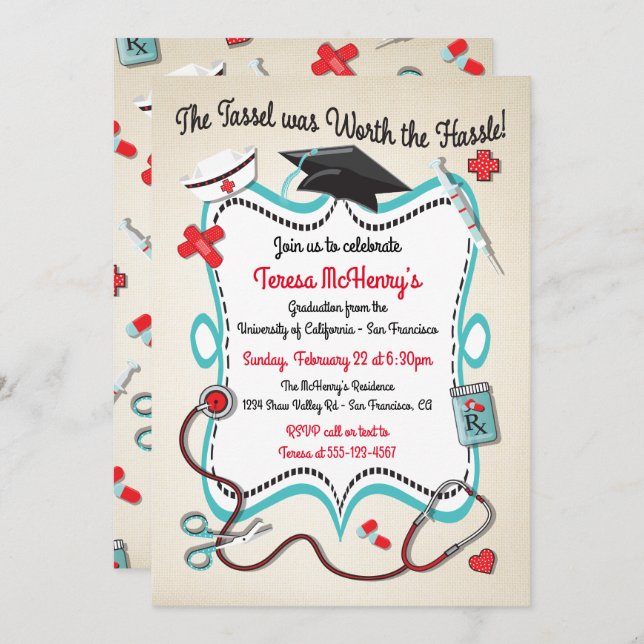 Nurse Medical Graduation Invitation with icons (Front/Back)