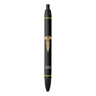Nurse Monogram & Golden Caduceus on Black  Black Ink Pen