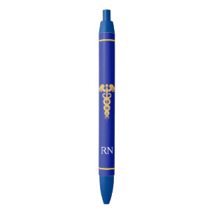 Nurse Monogram & Golden Caduceus on Blue Black Ink Pen