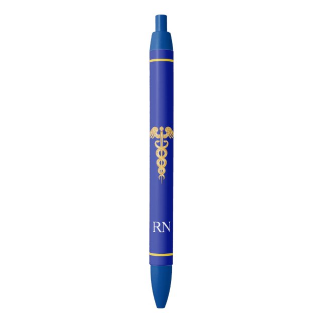 Nurse Monogram & Golden Caduceus on Blue Black Ink Pen (Front Vertical)