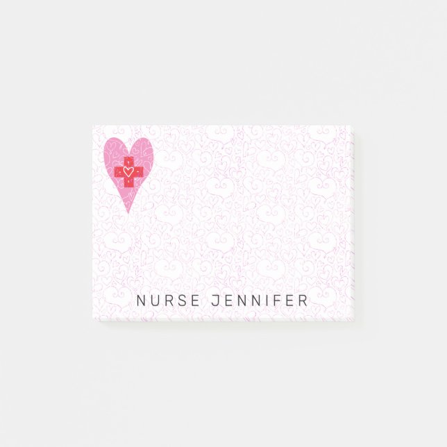 Nurse Monogram Pink Hearts Pattern 4x3 Post-it Notes (Front)