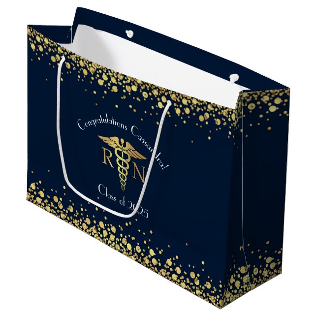 Nurse Nursing School Graduation Navy Blue Gold Large Gift Bag (Front Angled)