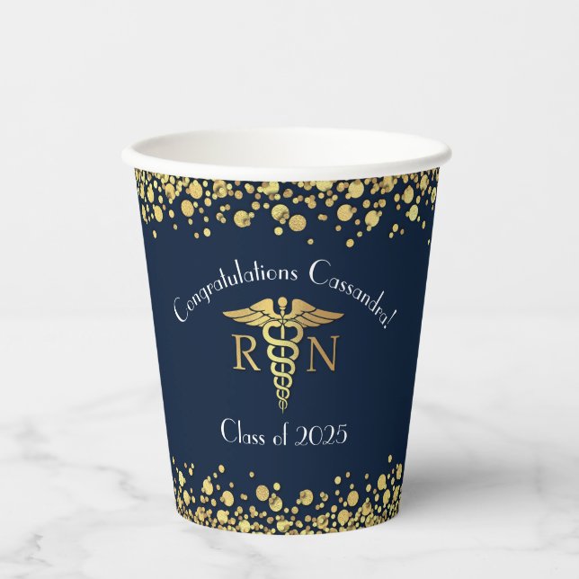 Nurse Nursing School Graduation Navy Blue Gold Paper Cups (Front)
