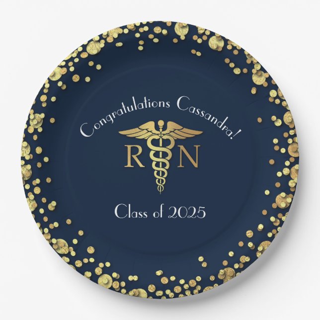 Nurse Nursing School Graduation Navy Blue Gold Paper Plate (Front)