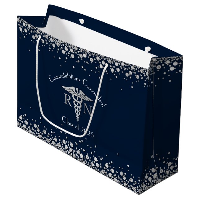 Nurse Nursing School Graduation Navy Blue Silver Large Gift Bag (Front Angled)