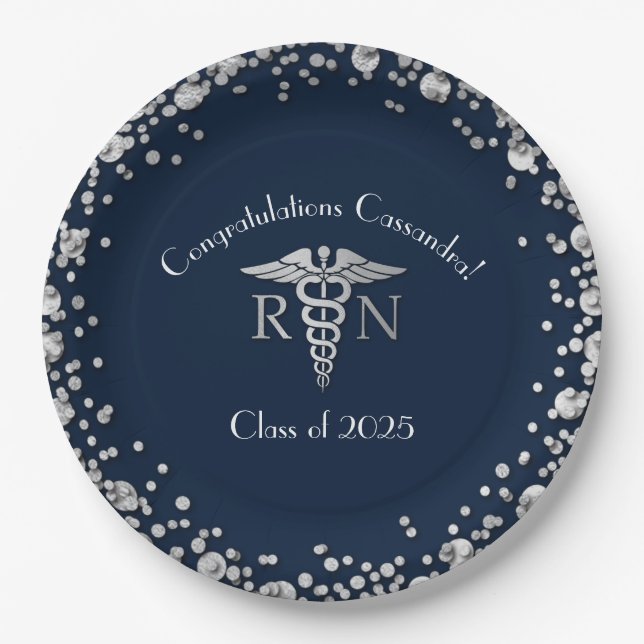 Nurse Nursing School Graduation Navy Blue Silver Paper Plate (Front)
