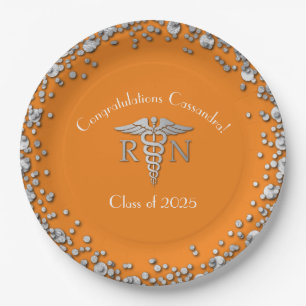 Nurse Nursing School Graduation Orange Silver Paper Plate
