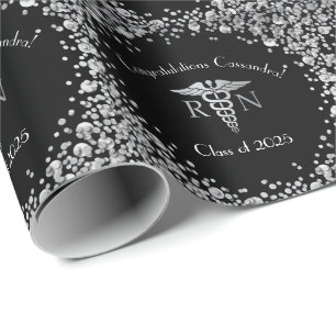 Nurse Nursing School Graduation Party Black Silver Wrapping Paper
