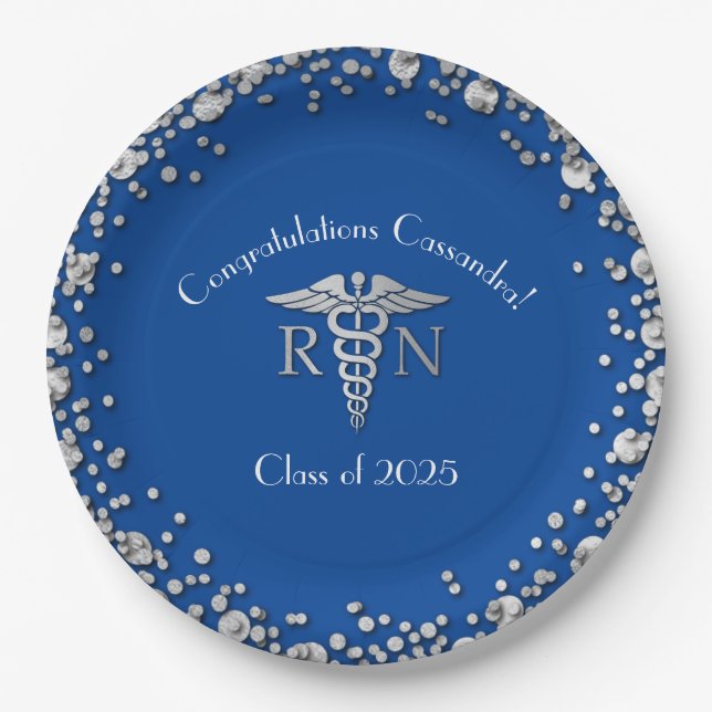 Nurse Nursing School Graduation Party Blue Silver Paper Plate (Front)