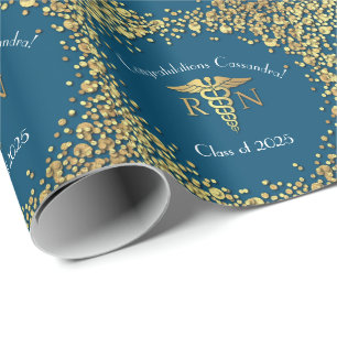 Nurse Nursing School Graduation Party Gold Blue Wrapping Paper