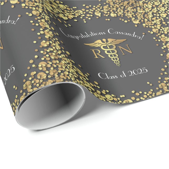 Nurse Nursing School Graduation Party Grey Gold Wrapping Paper (Roll Corner)