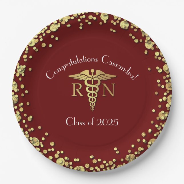 Nurse Nursing School Graduation Party Maroon Gold Paper Plate (Front)