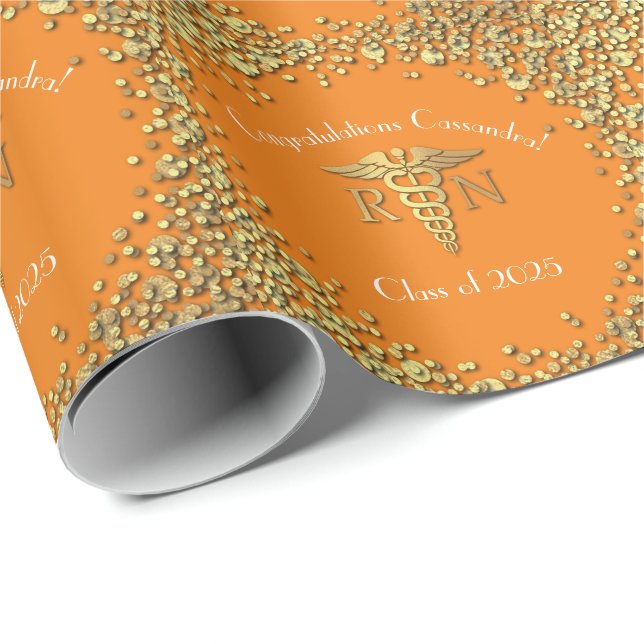 Nurse Nursing School Graduation Party Orange Gold Wrapping Paper (Roll Corner)