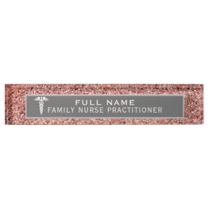 Nurse Practitioner Caduceus Rose Gold Glitter Nameplate