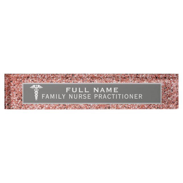 Nurse Practitioner Caduceus Rose Gold Glitter Nameplate (Front)