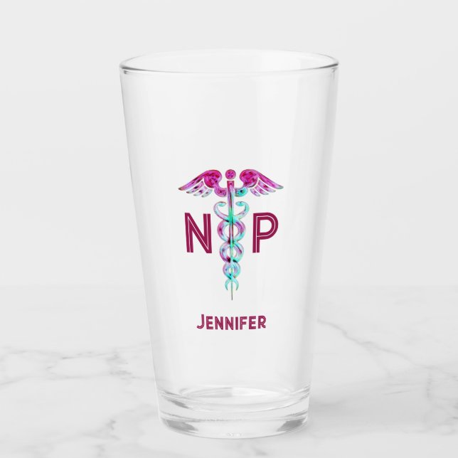 Nurse Practitioner NP Pink Caduceus Personalized Glass (Front)