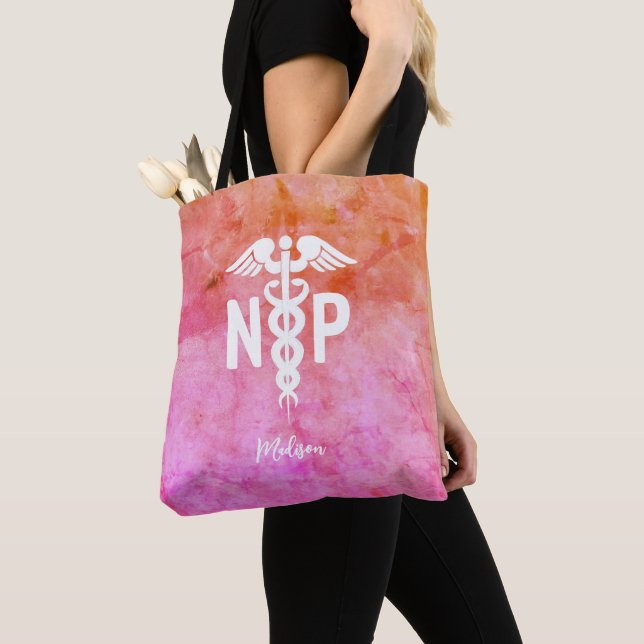 Nurse Practitioner Pink Orange Script Personalized Tote Bag (Close Up)