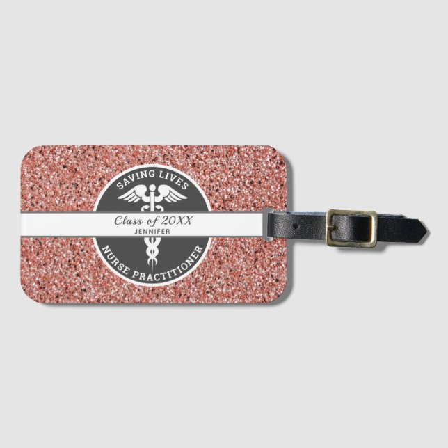 Nurse Practitioner Rose Gold Glitter Personalized Luggage Tag (Front Horizontal)