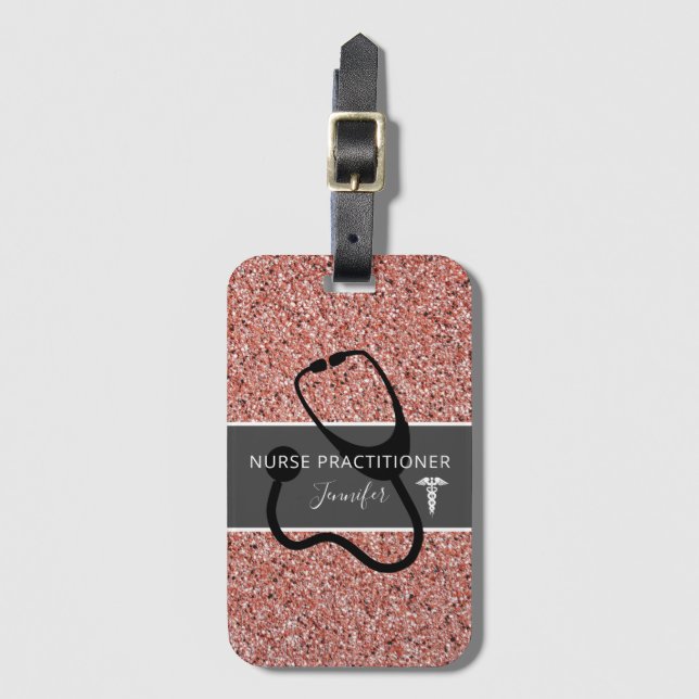 Nurse Practitioner Rose Gold Glitter Personalized Luggage Tag (Front Vertical)