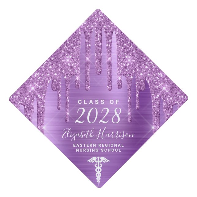 Nurse Purple Glitter Personalized Graduation Cap Topper (Front)
