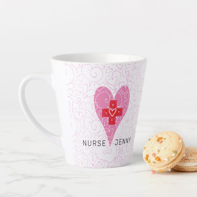 Nurse Red Pink Heart Personalized Latte Mug (In Situ)