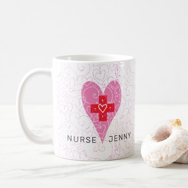 Nurse Red Pink Hearts Personalized Coffee Mug (With Donut)