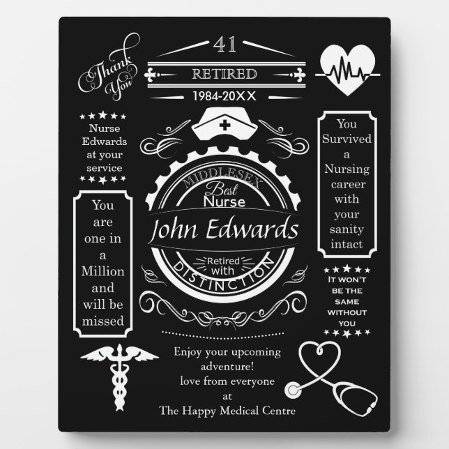 nurse retirement gift for boss, long service plaque (Front)
