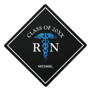 Nurse RN Black Blue Medical Caduceus Name  Graduation Cap Topper