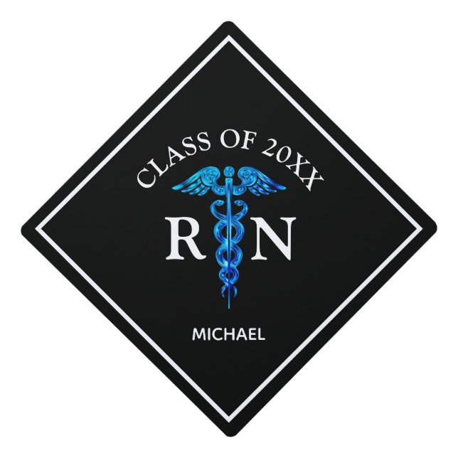 Nurse RN Black Blue Medical Caduceus Name  Graduation Cap Topper (Front)