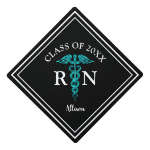 Nurse RN Black Teal Medical Caduceus Personalized Graduation Cap Topper