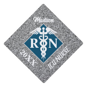 Nurse RN Blue Silver Glitter Personalized Graduation Cap Topper