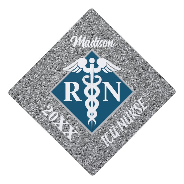 Nurse RN Blue Silver Glitter Personalized Graduation Cap Topper (Front)