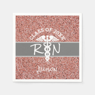 Nurse RN Caduceus Graduation Rose Gold Glitter Napkin