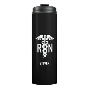 Nurse RN Caduceus Medical Black White Personalized Thermal Tumbler