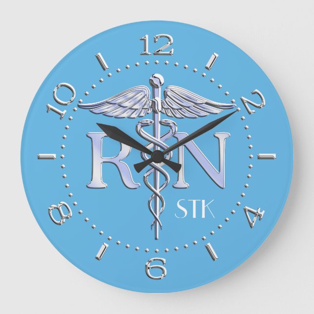 Nurse RN Caduceus Monogram Dial Style on Blue Large Clock (Front)