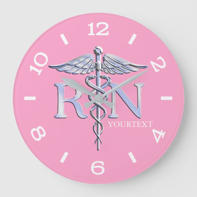 Nurse RN Caduceus Monogram Dial Style on Pink Large Clock (Front)