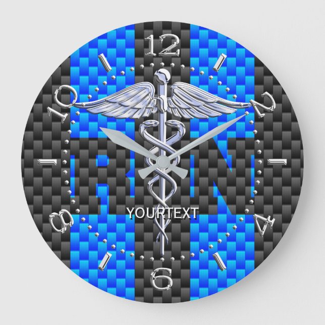 Nurse RN Caduceus Personalized Style Blue Carbon Large Clock (Front)
