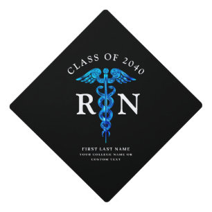 Nurse RN Graduate Blue Black Caduceus Personalized Graduation Cap Topper