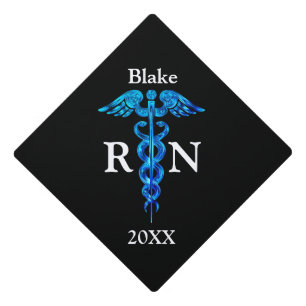 Nurse RN Graduate Caduceus Medical Blue Black Graduation Cap Topper