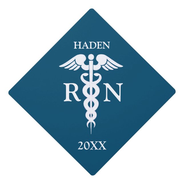 Nurse RN Graduate Caduceus Medical Blue Graduation Cap Topper (Front)