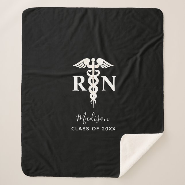 Nurse RN Graduate Medical Black White Personalized Sherpa Blanket (Front)