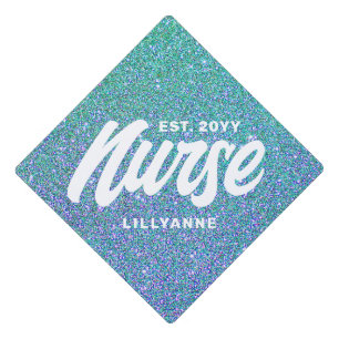 Nurse RN Graduate Teal Blue Glitter Medical Name Graduation Cap Topper