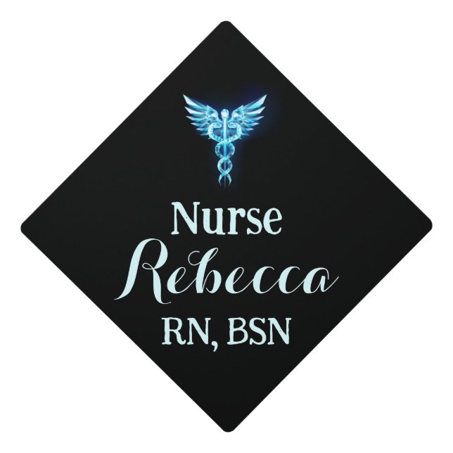 Nurse RN Graduation Black and Blue with caduceus Graduation Cap Topper (Front)