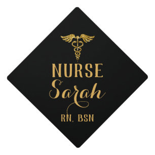 Nurse RN Graduation Black and Gold with caduceus Cap Topper