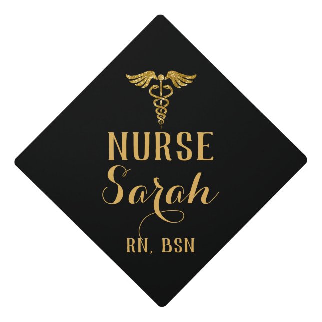Nurse RN Graduation Black and Gold with caduceus Graduation Cap Topper (Front)
