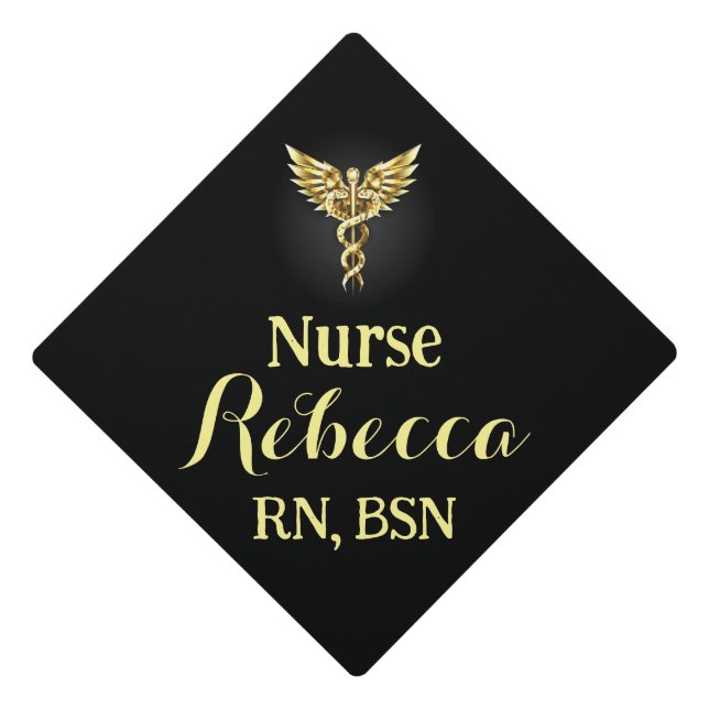 Nurse RN Graduation Black and Gold with caduceus Graduation Cap Topper (Front)