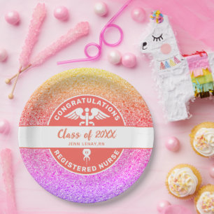 Nurse RN Graduation Party Rainbow Glitter Monogram Paper Plate