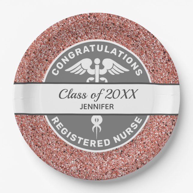 Nurse RN Graduation Rose Gold Glitter Personalized Paper Plate (Front)