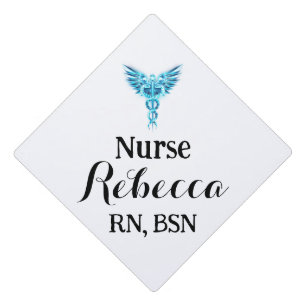 Nurse RN Graduation White and Blue with caduceus Graduation Cap Topper