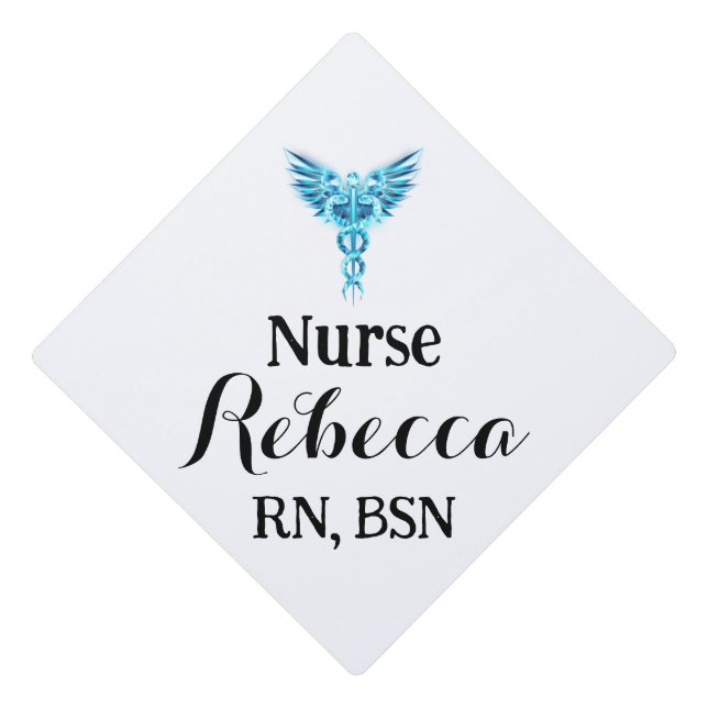 Nurse RN Graduation White and Blue with caduceus Graduation Cap Topper (Front)